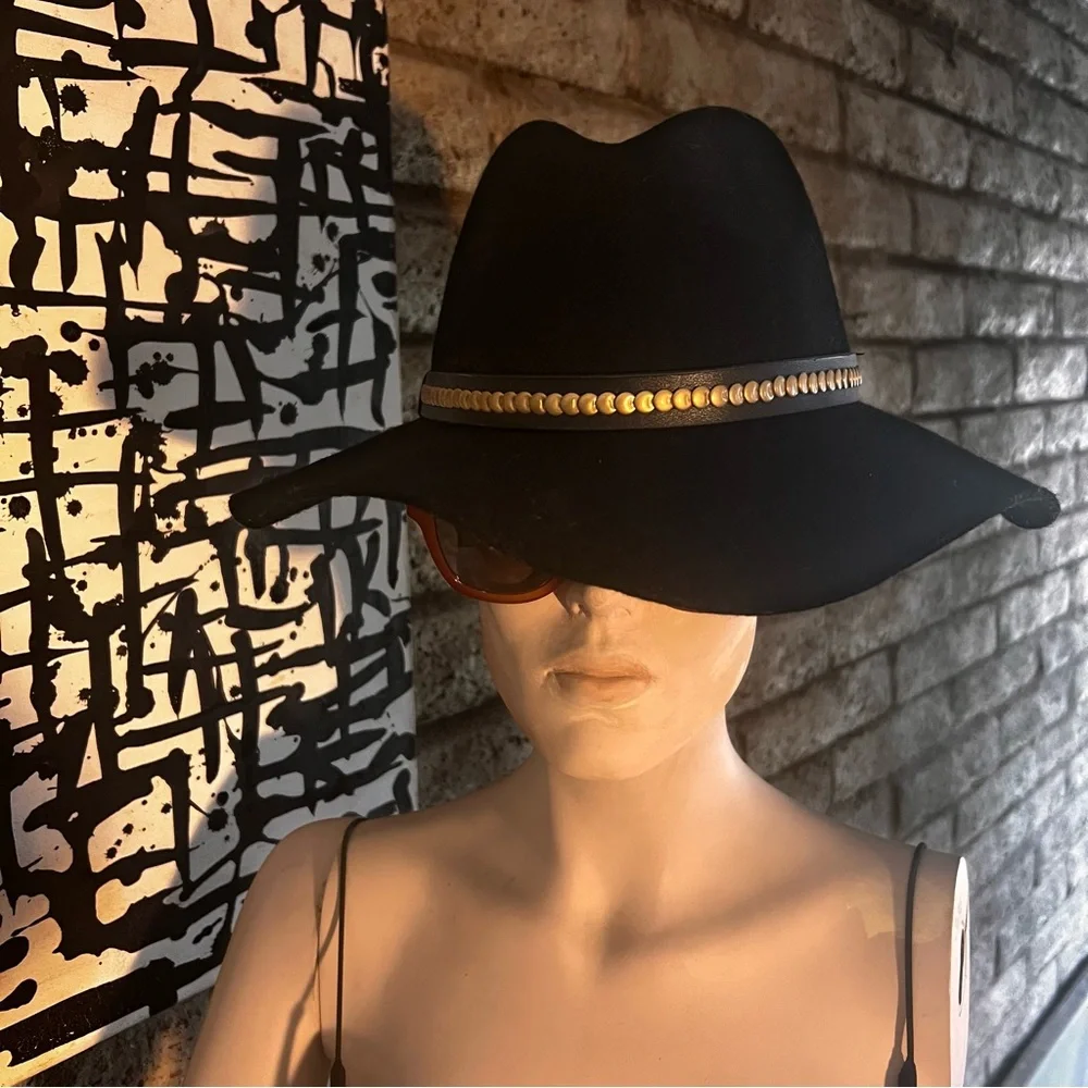 All Saints Black Wide Brim Fedora with Gold Chain Detail - Picture 4 of 5